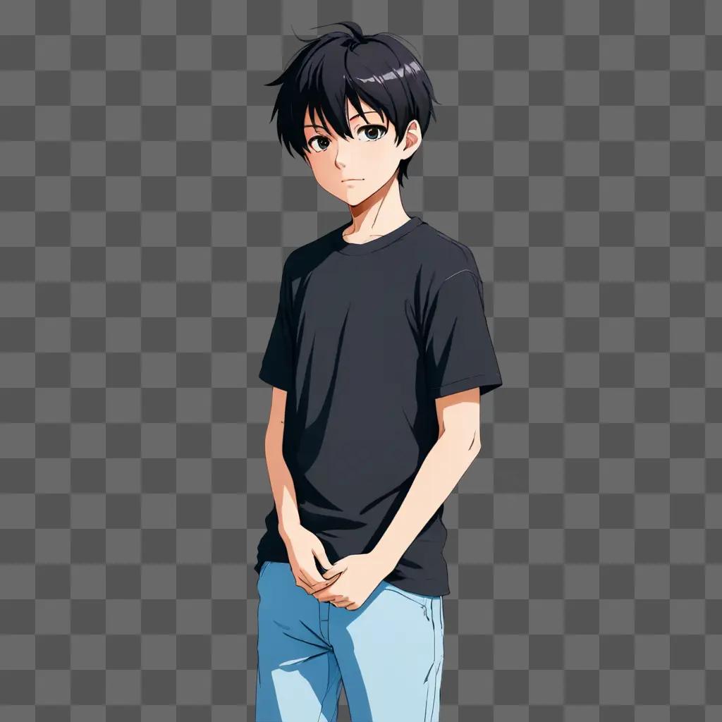 Anime boy sketch of a young man in black shirt and blue jeans