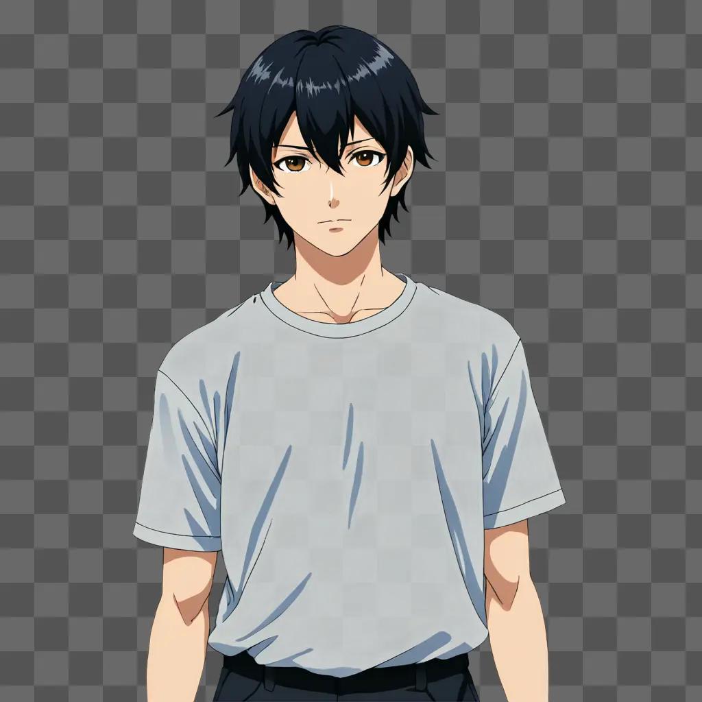 Anime boy with black hair and gray shirt