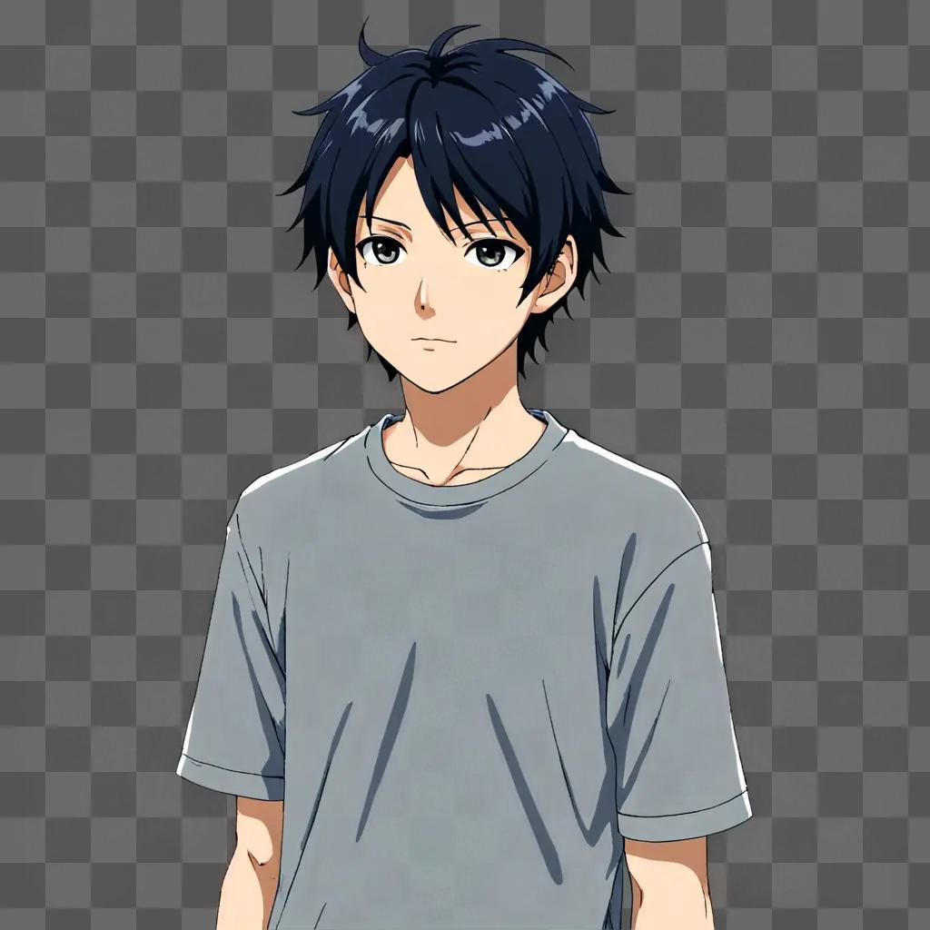 Anime boy with black hair in a gray shirt