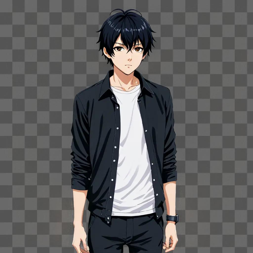 Anime boy with black hair in black jacket