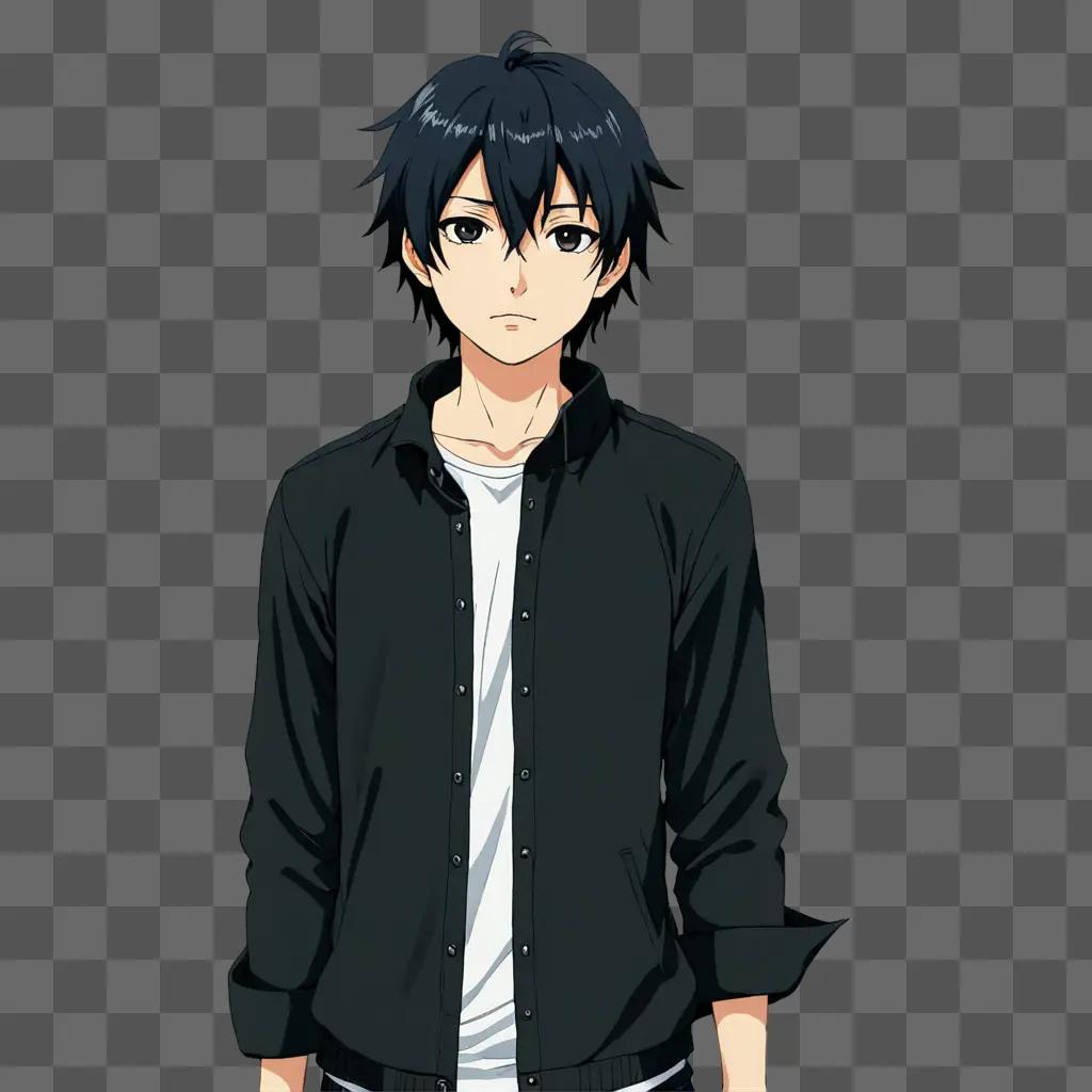 Anime boy with black hair poses for picture