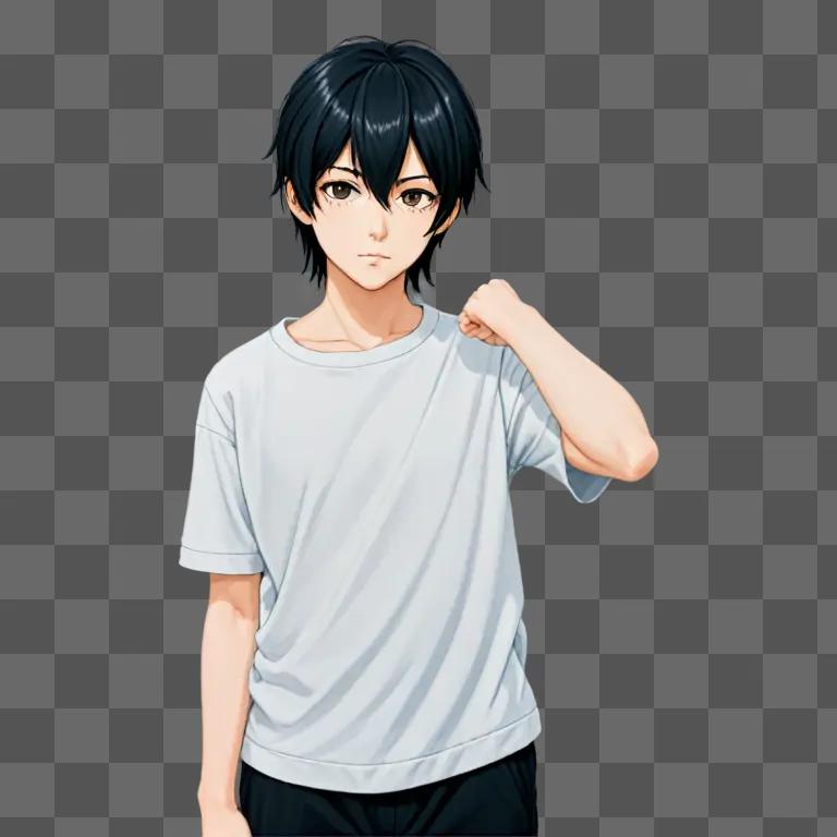 Anime boy with black hair posing for a photo