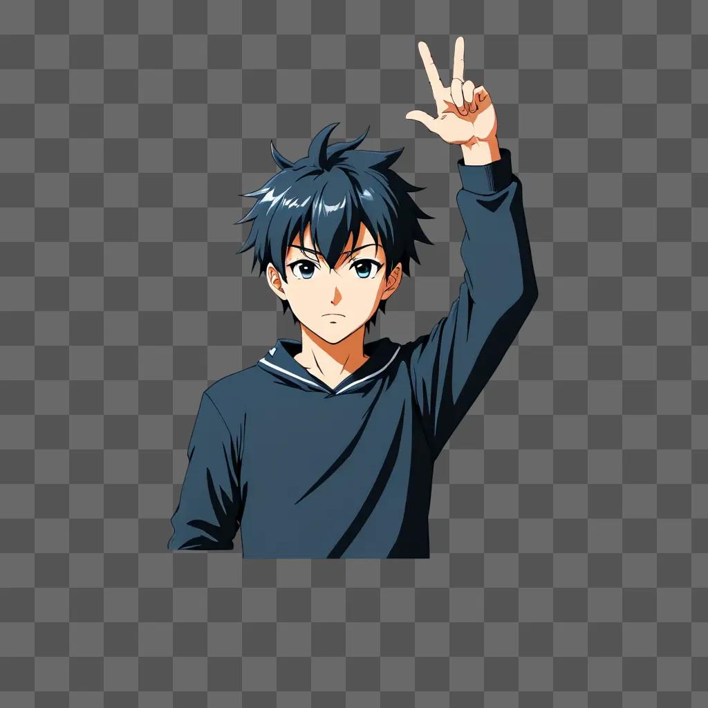 Anime boy with blue hair makes a peace sign