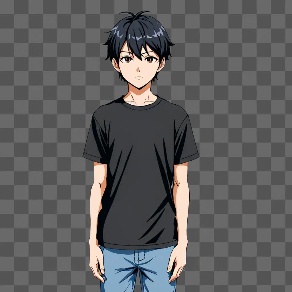 黒いTシャツのスケッチに黒髪のアニメの男の子