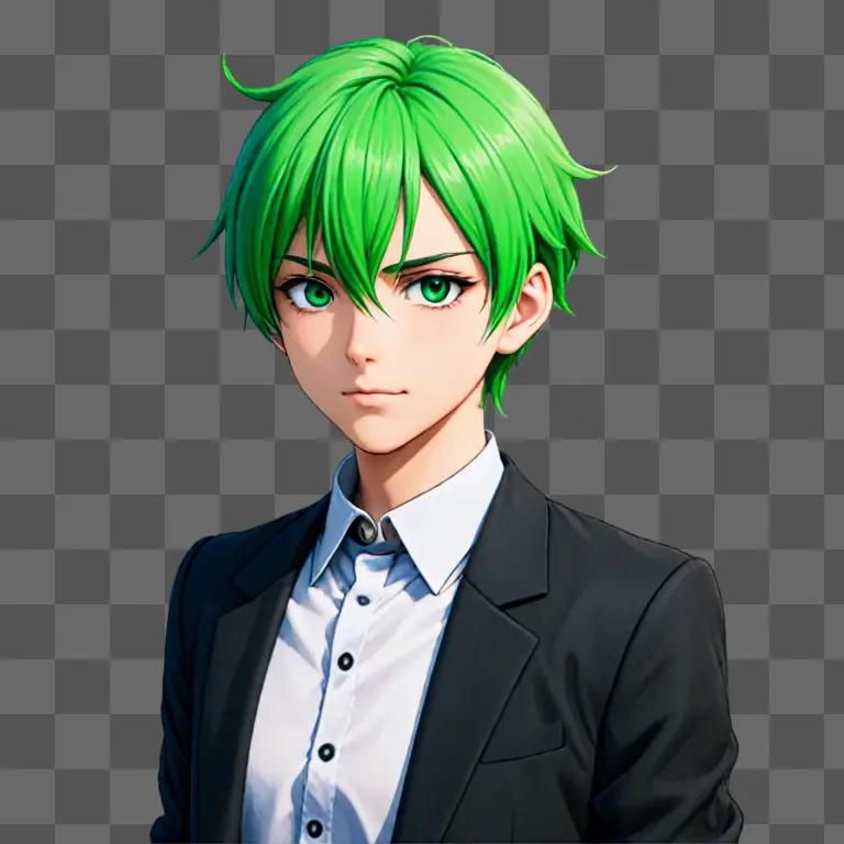 Anime boy with green hair in suit