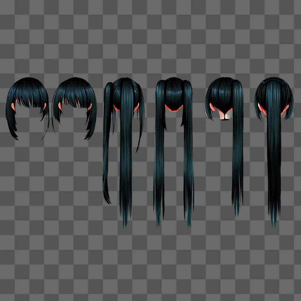 Anime girl hairstyles displayed on a black background