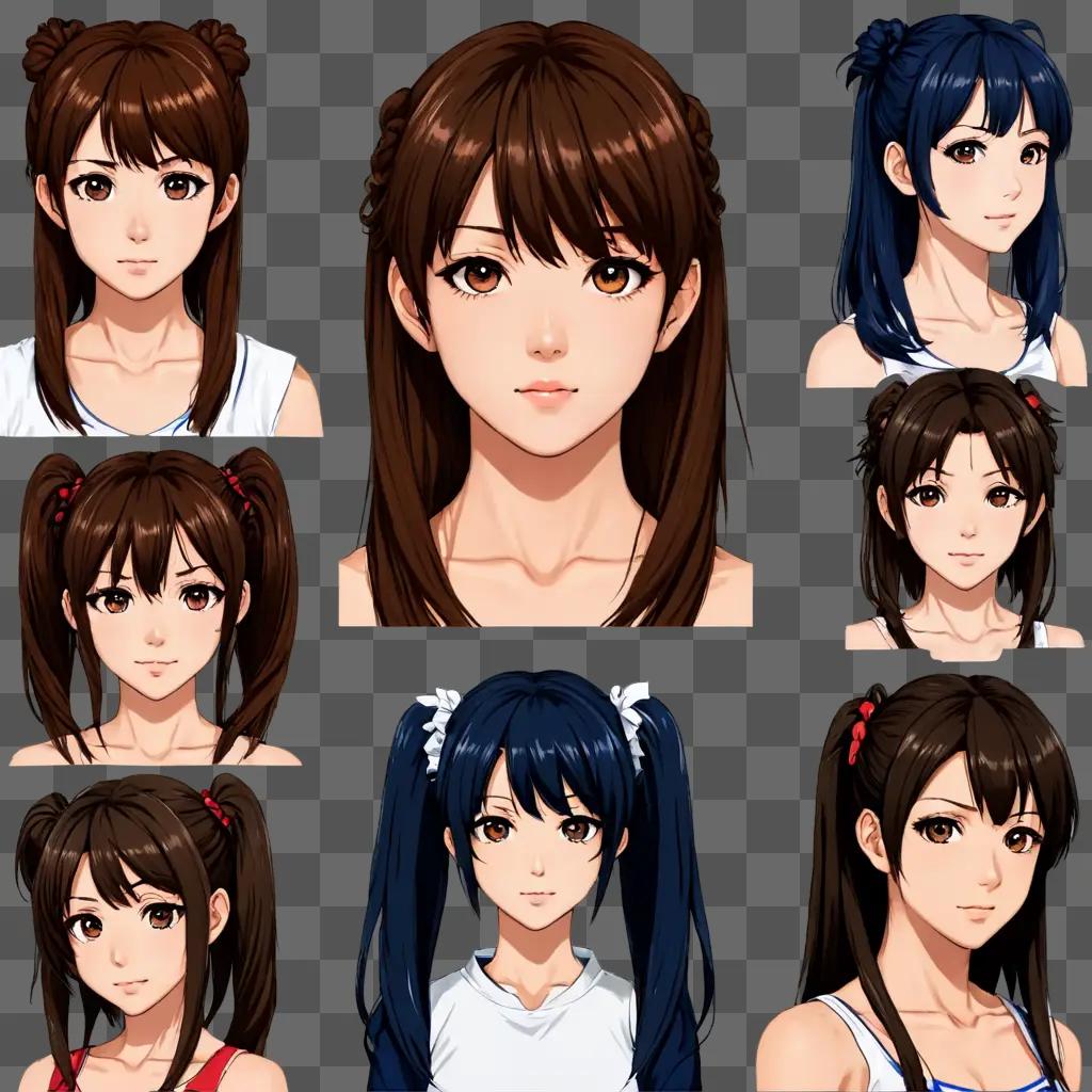 Anime girl hairstyles in various poses and expressions