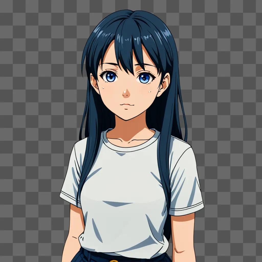 Anime girl in white t-shirt with blue hair