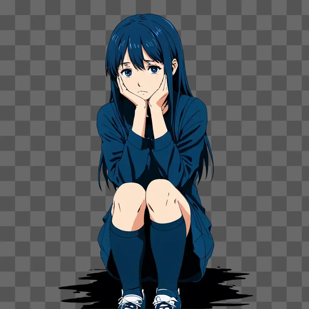 Anime girl sitting with sad face and blue hair