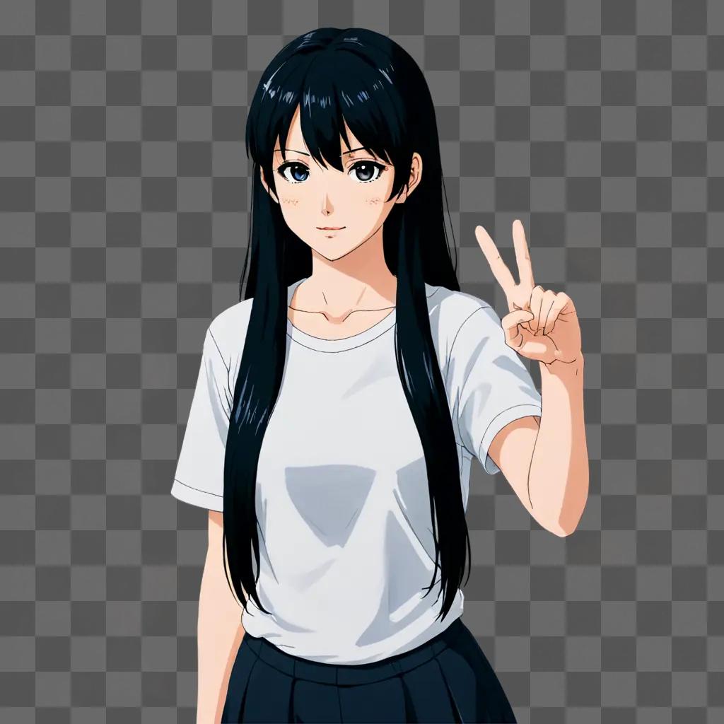 Anime girl with black hair makes peace sign