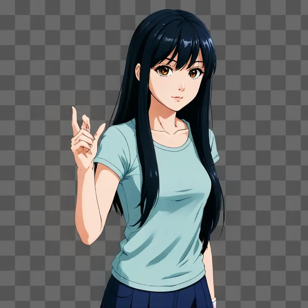 Anime girl with black hair making a peace sign