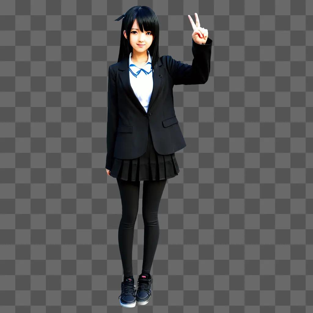 Anime girl with black hair shows peace sign