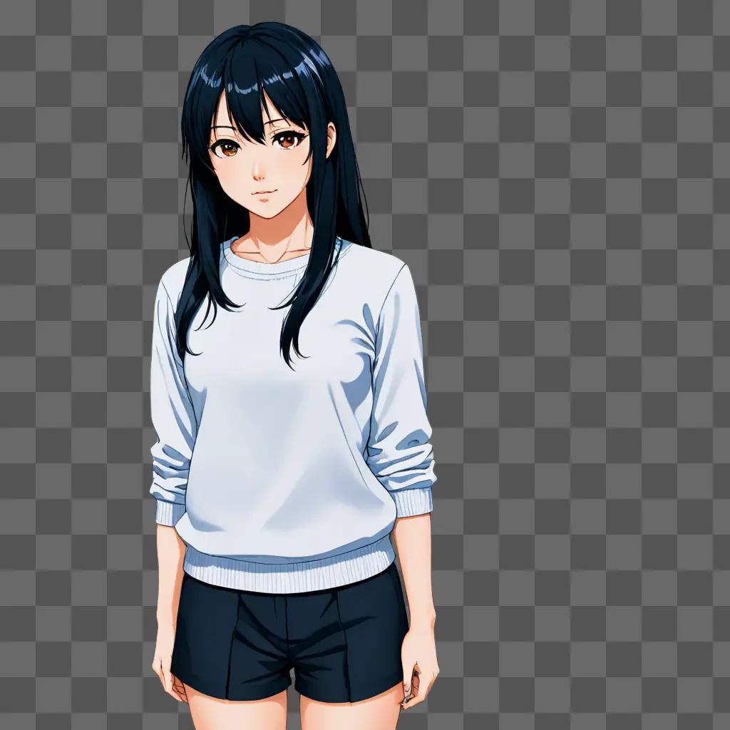 Anime girl with black hair stands in front of a grey background