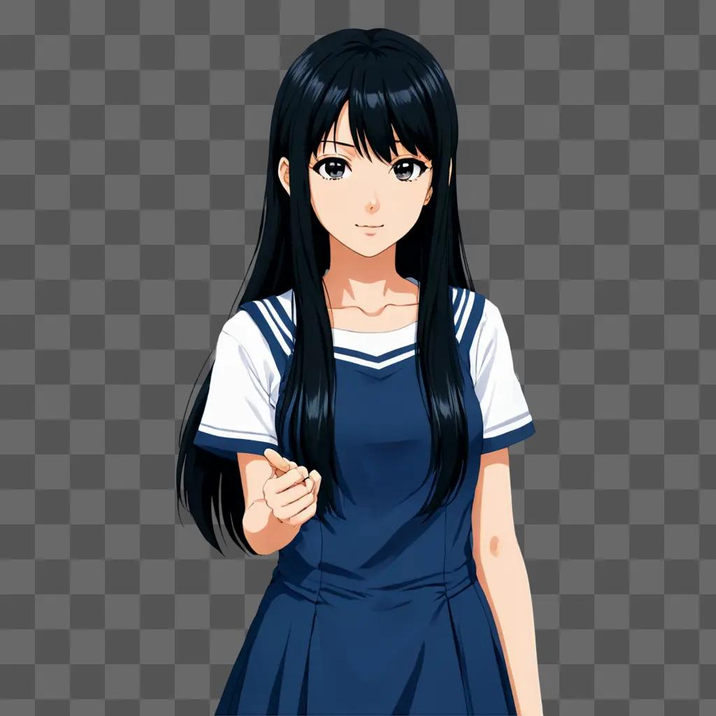 Anime girl with black hair wearing a blue dress