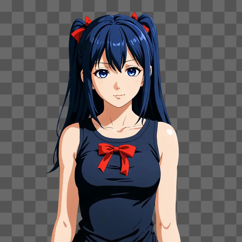 Anime girl with blue hair and red bow in blue tank top