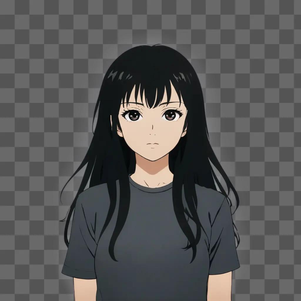 Anime girl with long black hair in dark gray t-shirt