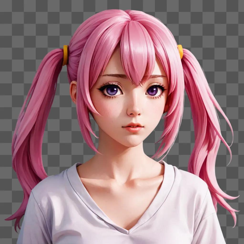 Anime girl with pink hair wearing a white shirt