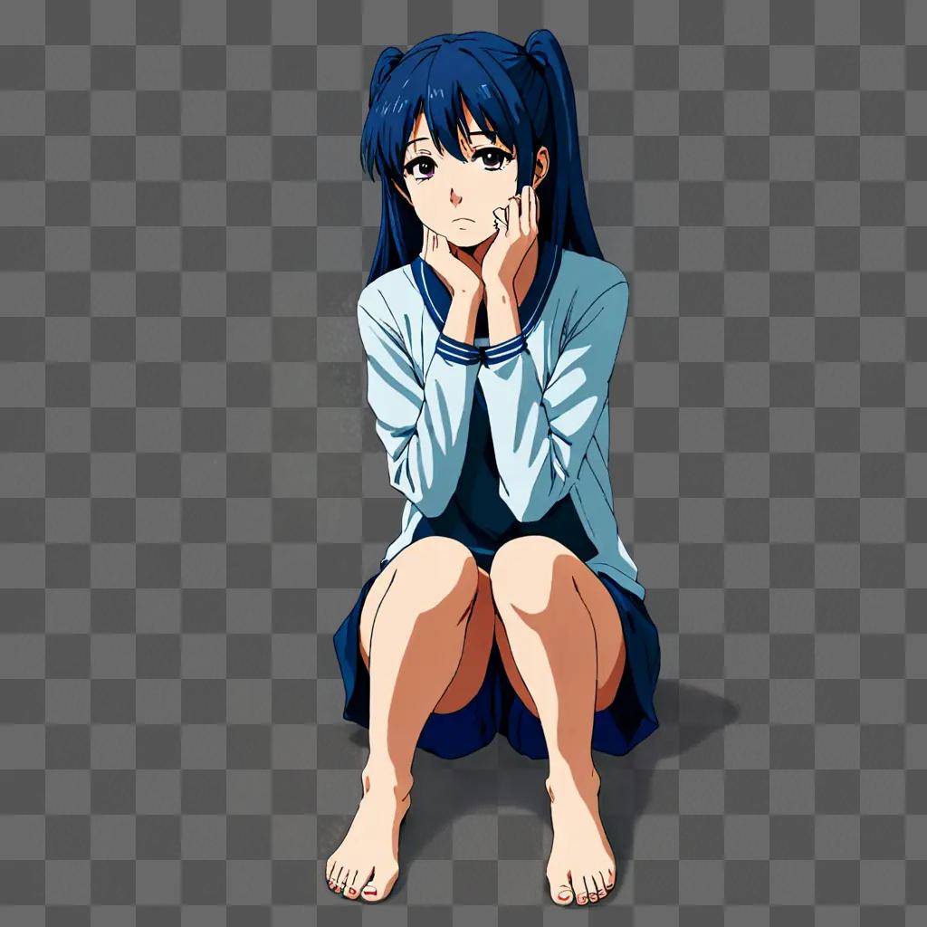 Anime girl with sad face sitting down