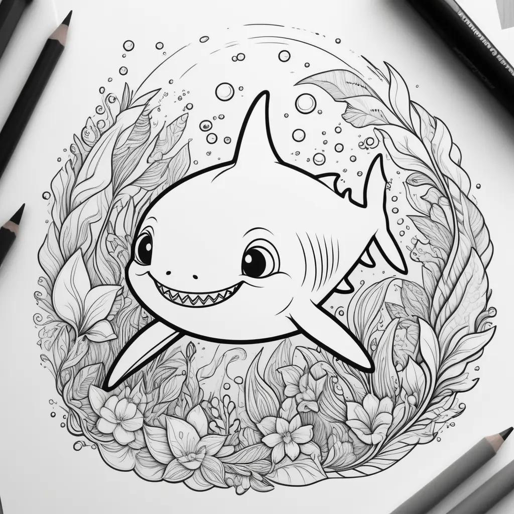 サメの赤ちゃん ぬりえ:幸せな魚のシーン