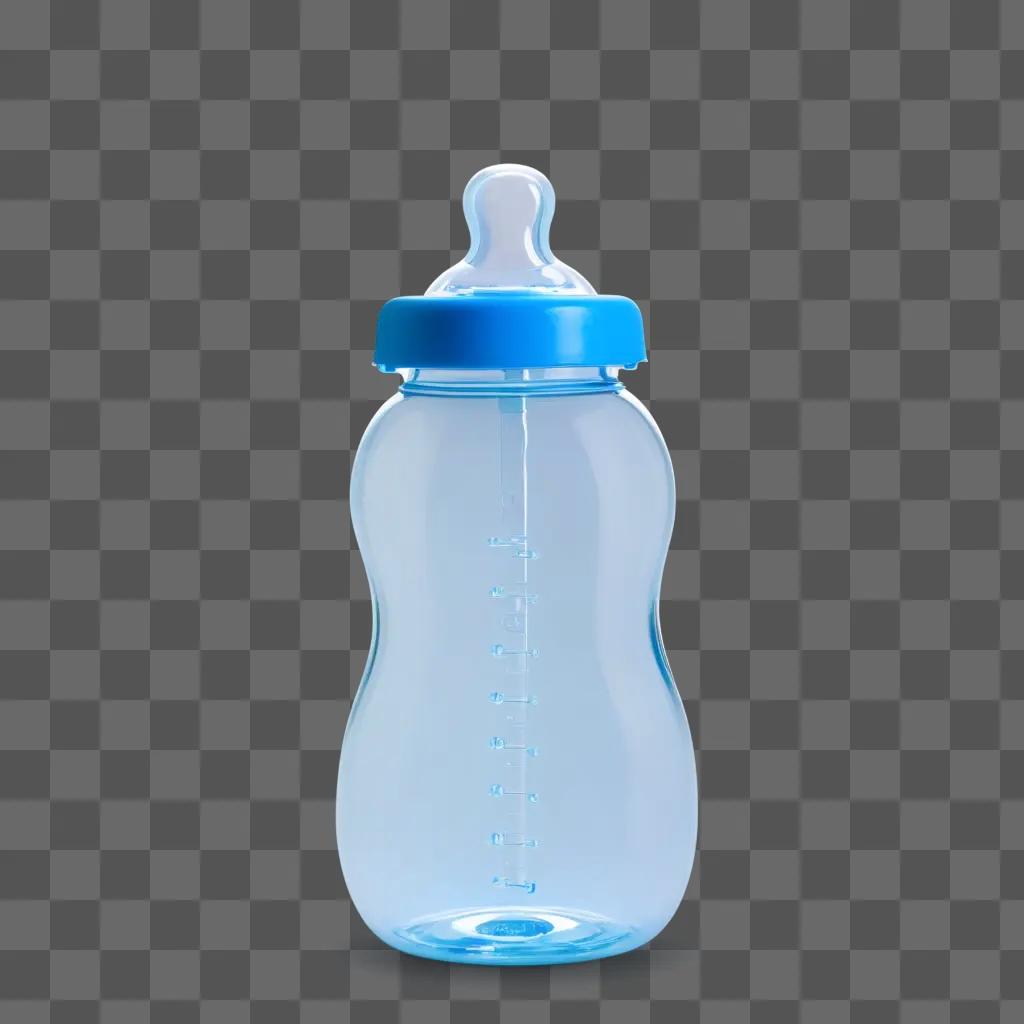 Baby bottle with blue cap and measurements on the side