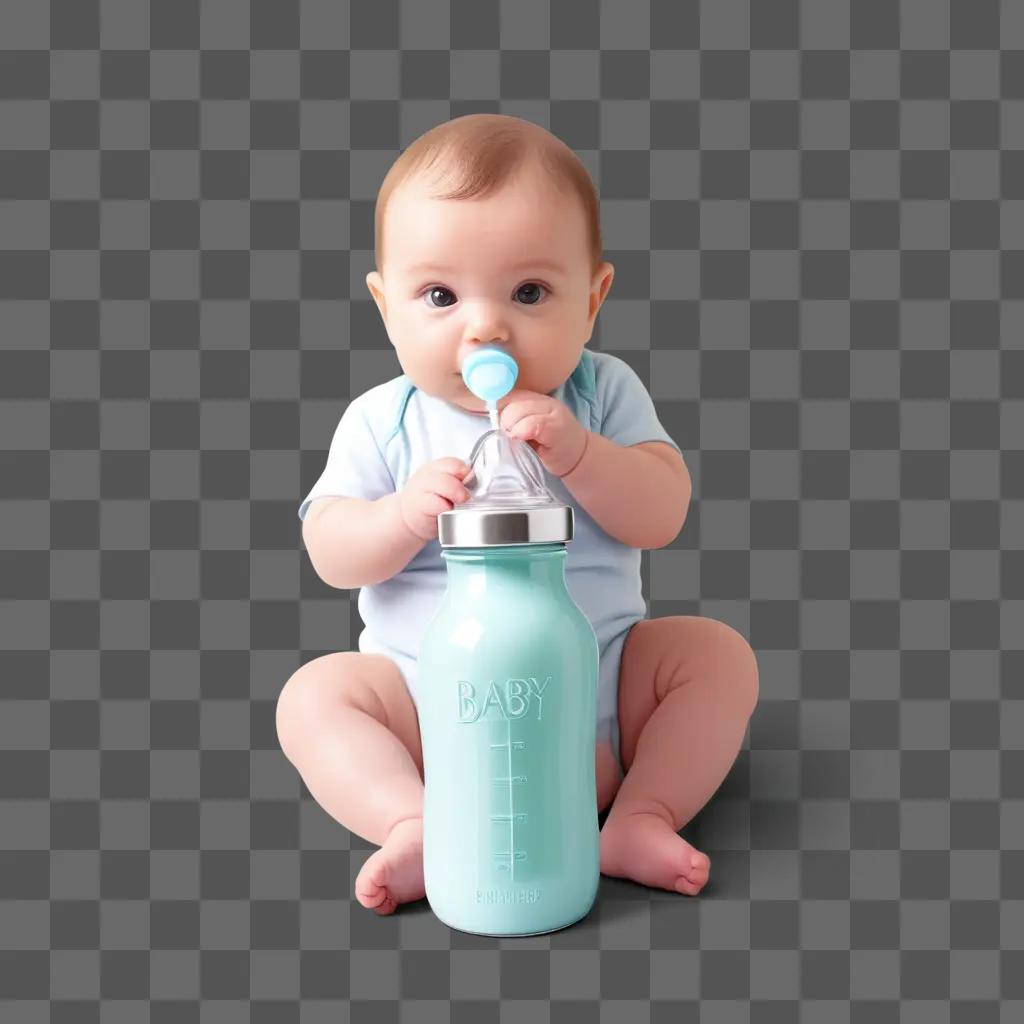 Baby bottle with blue nipple and bottle cap