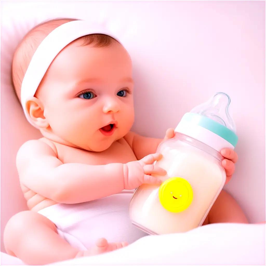 Baby holding a bottle with a yellow smiley face on it