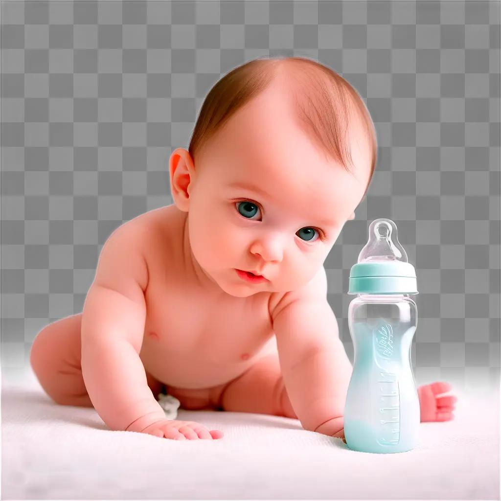 Baby in front of baby bottle