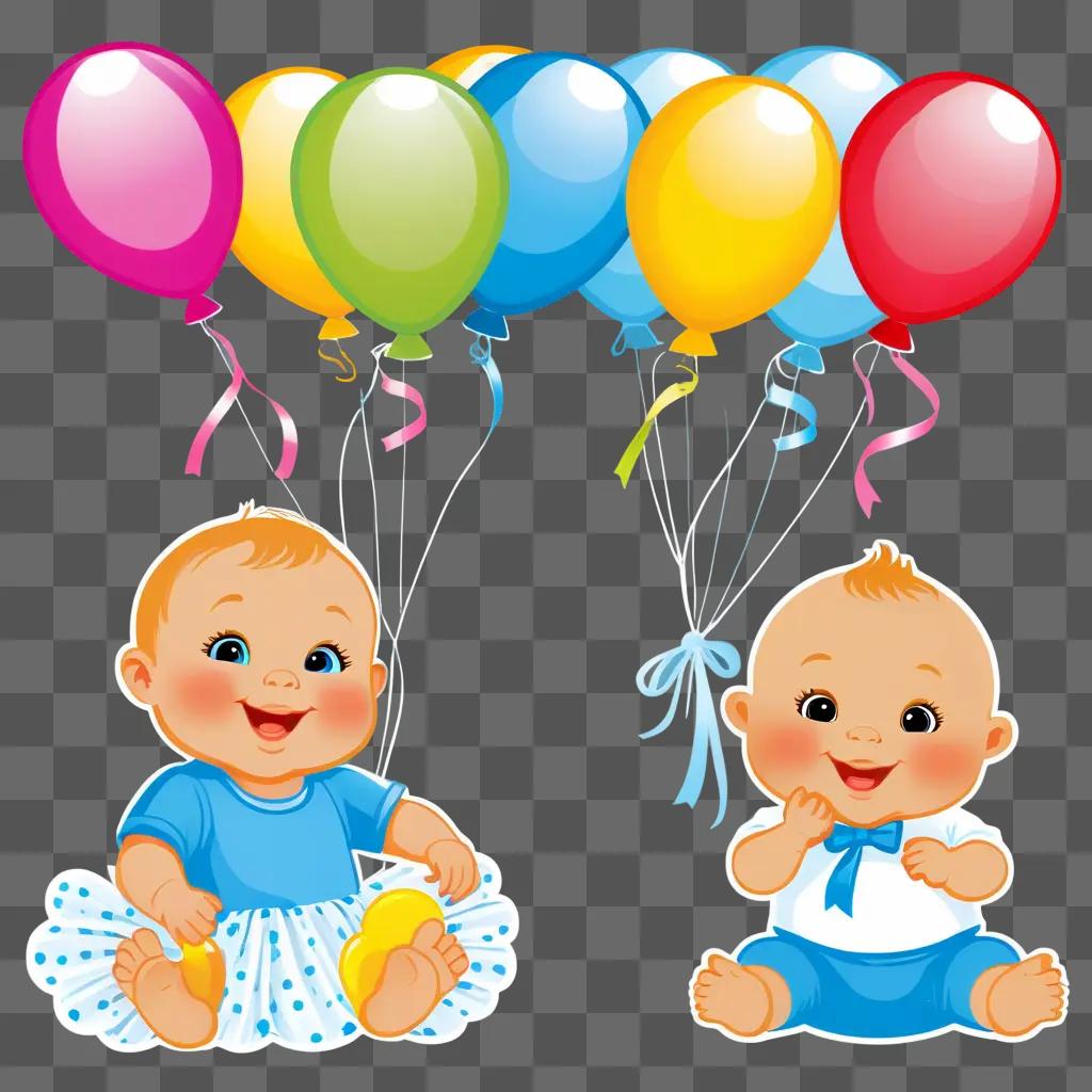 Baby shower clipart shows two babies with balloons