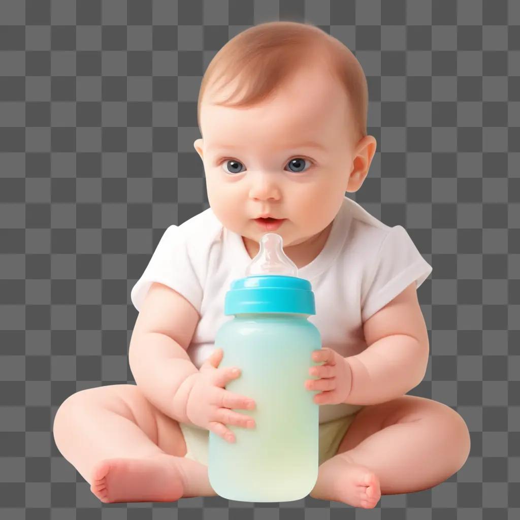 Baby sits with baby bottle in front of them