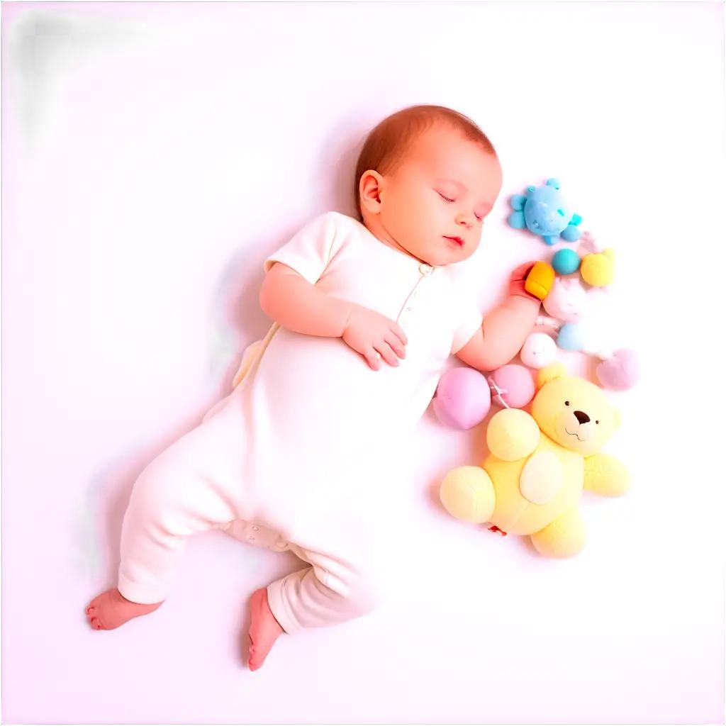 Baby sleeps with stuffed animals on white background