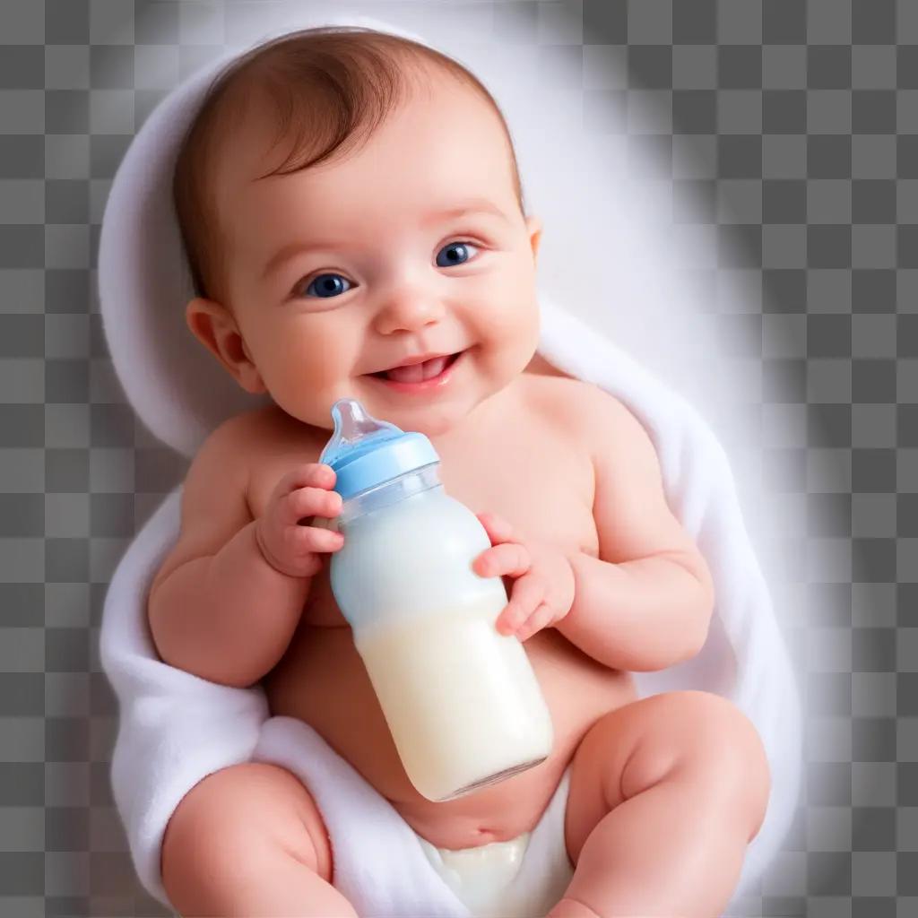 Baby smiles holding a blue baby bottle