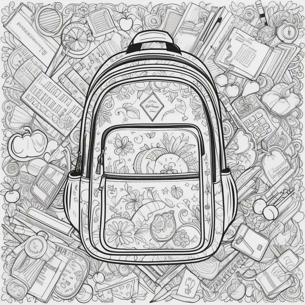 Back to school coloring pages: a black and white drawing of a backpack with a variety of items around it