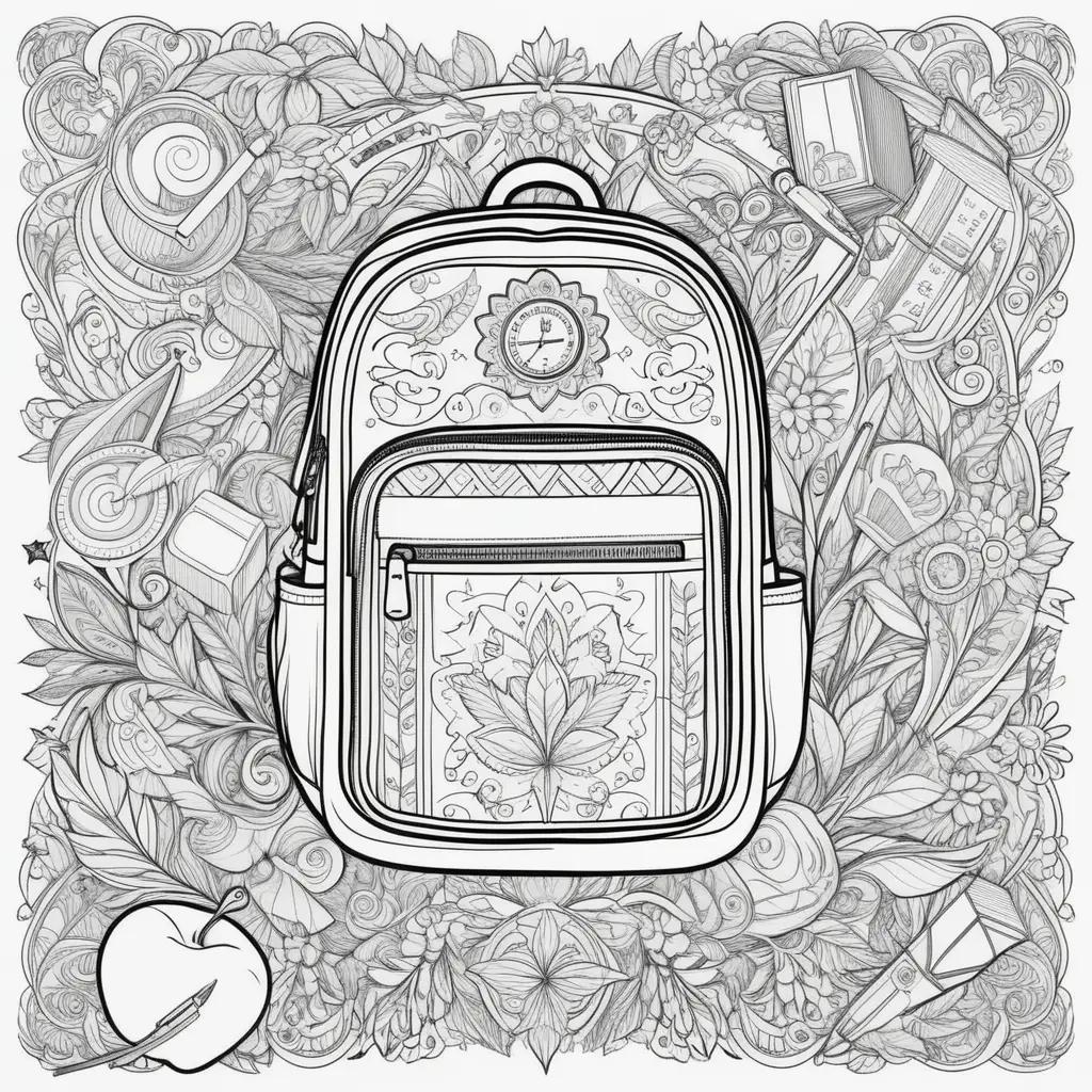 Back to school coloring pages featuring a backpack and apple