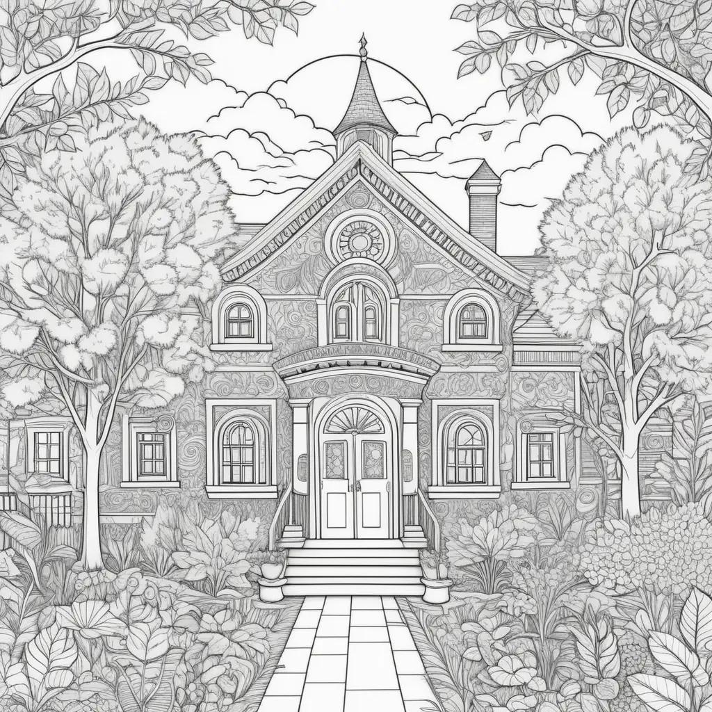 Back to school coloring pages featuring a large house