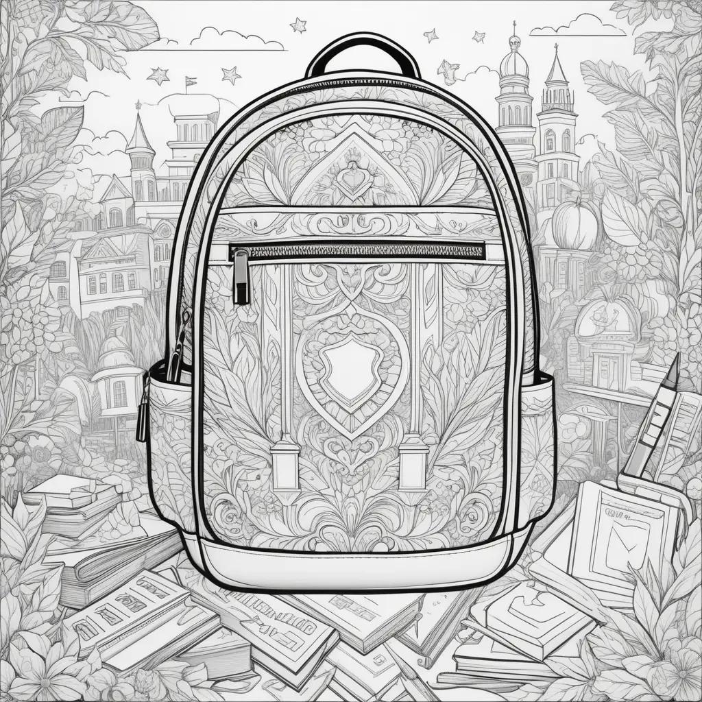 Back to school coloring pages with a backpack and books