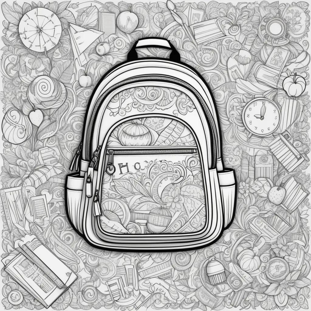 Back to school coloring pages with a bag and a clock