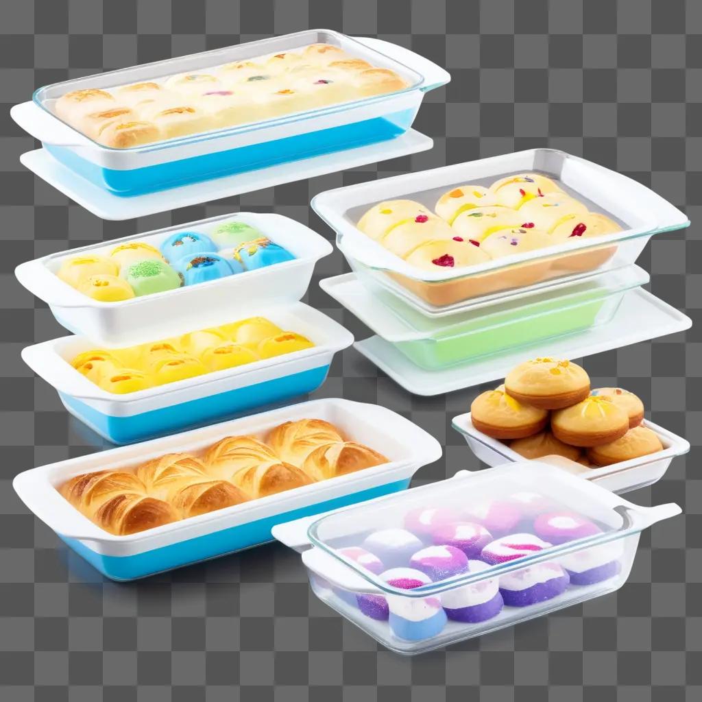 Baked goods in transparent bowls and plates