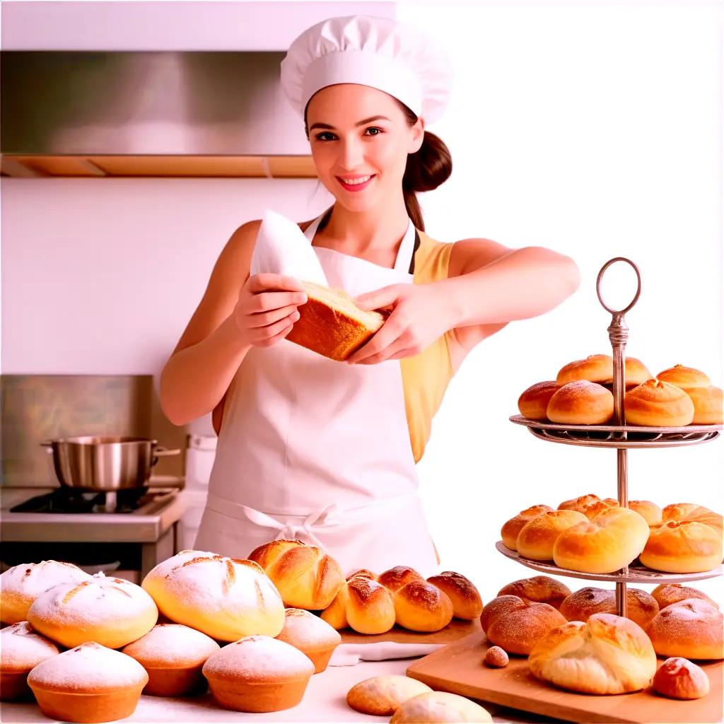 Baking woman in transparent apron holds bread