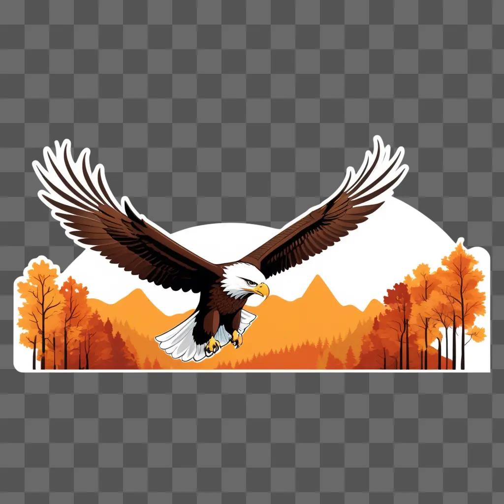 Bald eagle soaring over mountains and trees