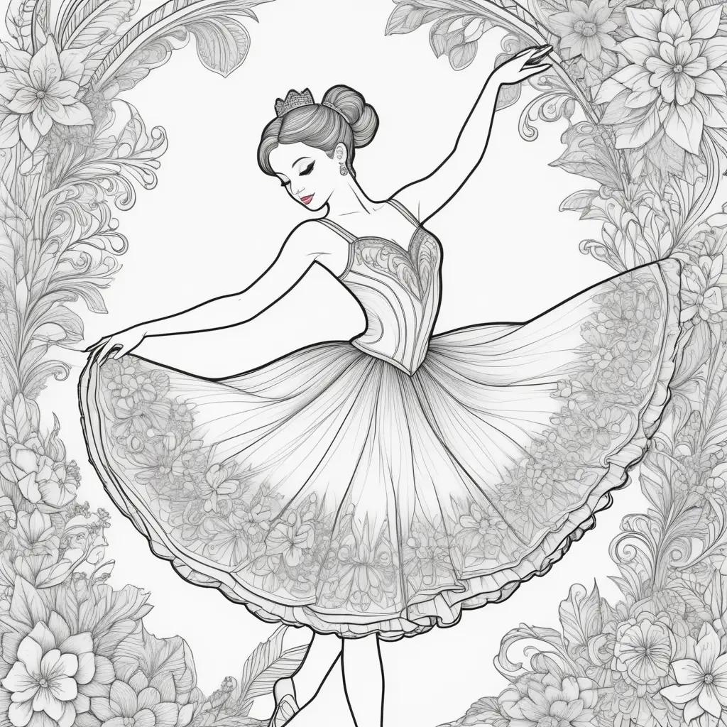 バレリーナのぬりえ:花のドレスを着た優雅なバレリーナ