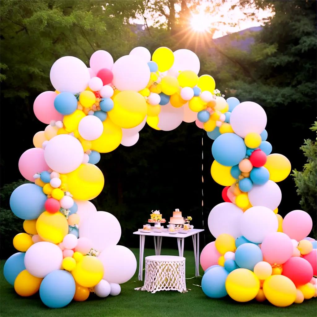 Balloon garland arches over a table covered with a tablecloth