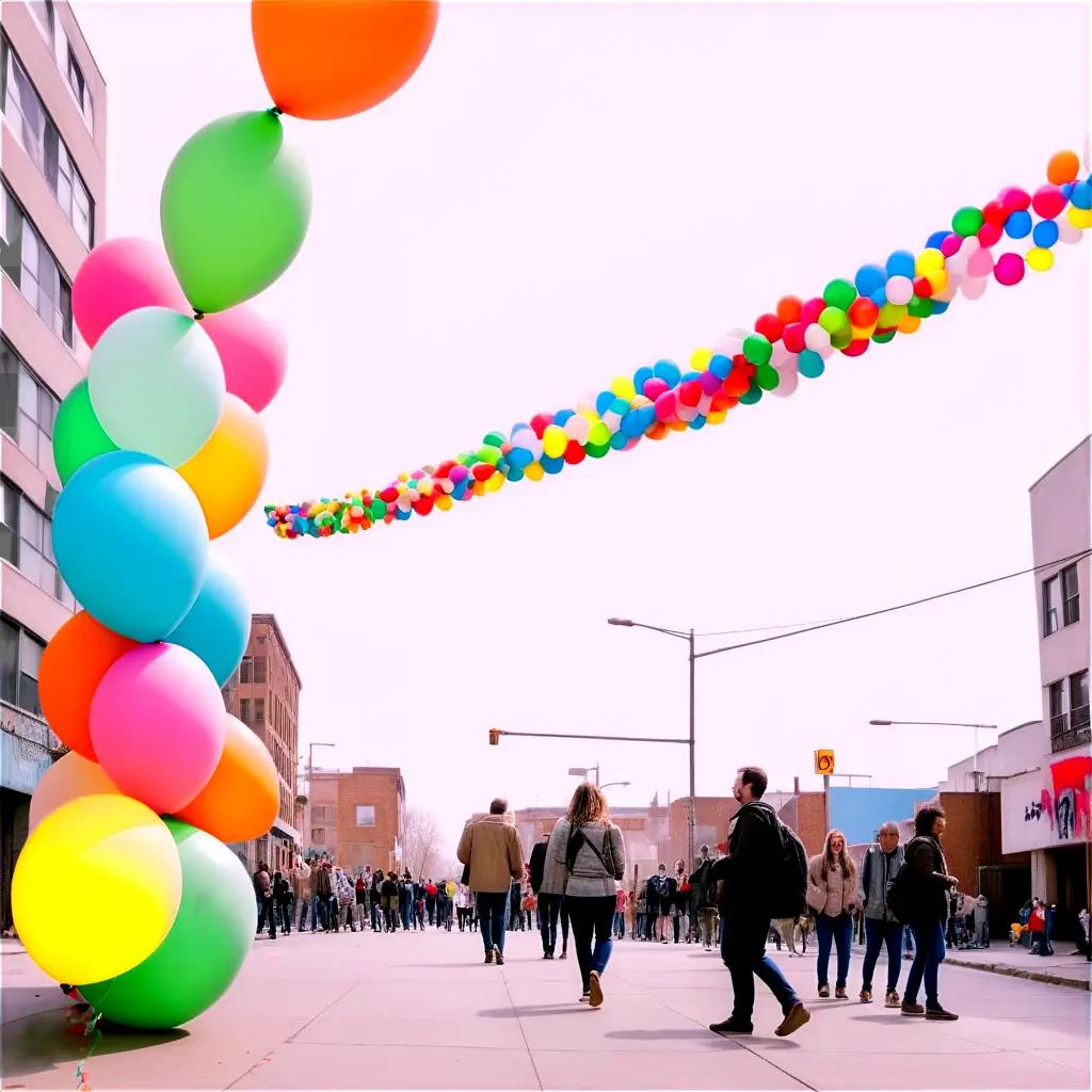 Balloon garland on a street with people walking by