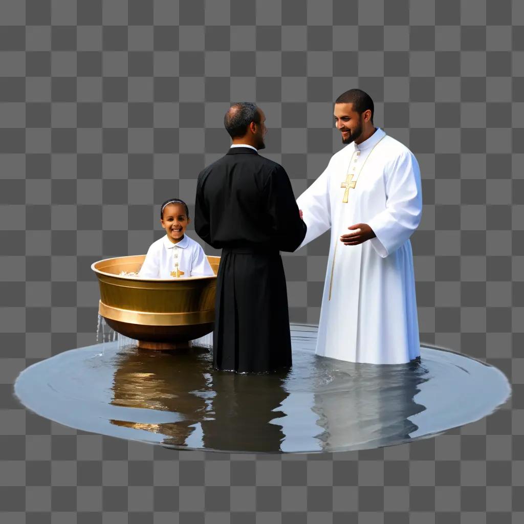 Baptism clipart: Clergy and child in water