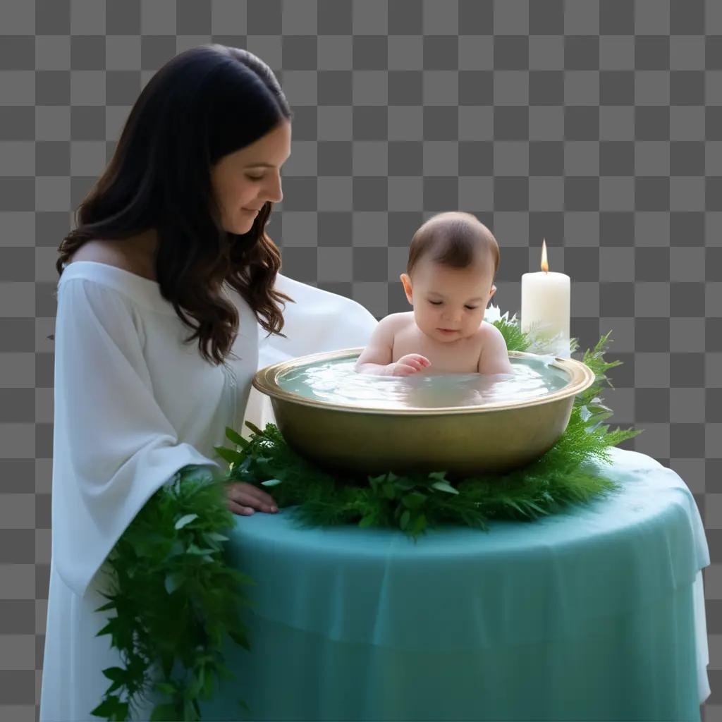 Baptism scene with candle and woman