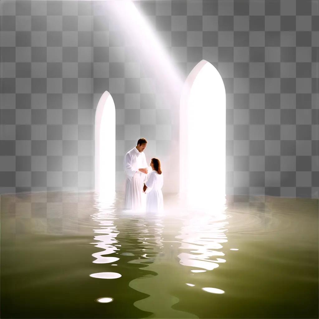 Baptism scene with couple in water