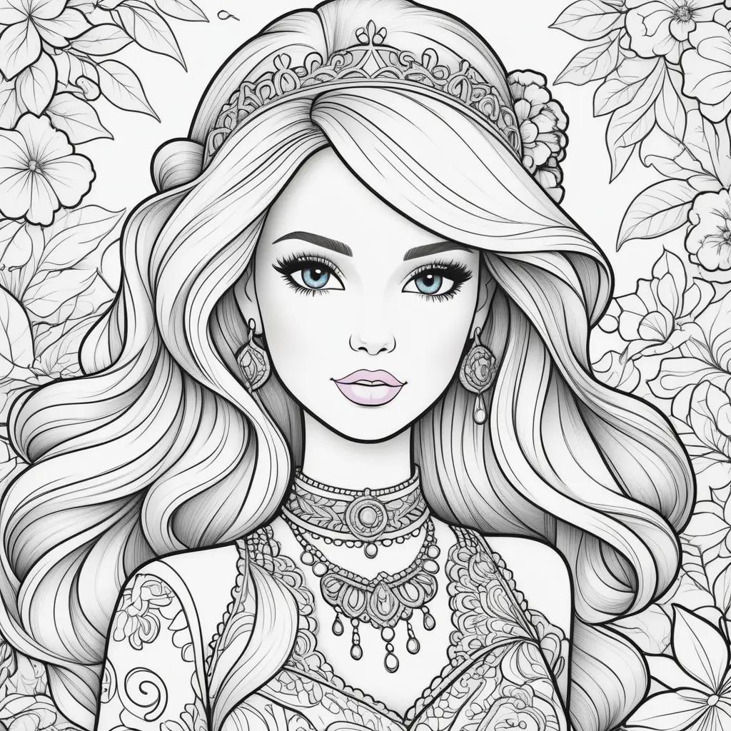 Barbie Coloring Page with Flowers and Jewelry