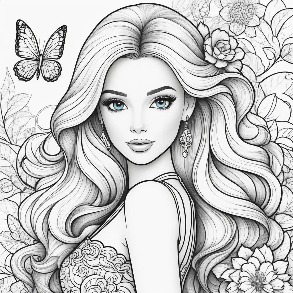 Barbie Coloring Page with a butterfly and flowers