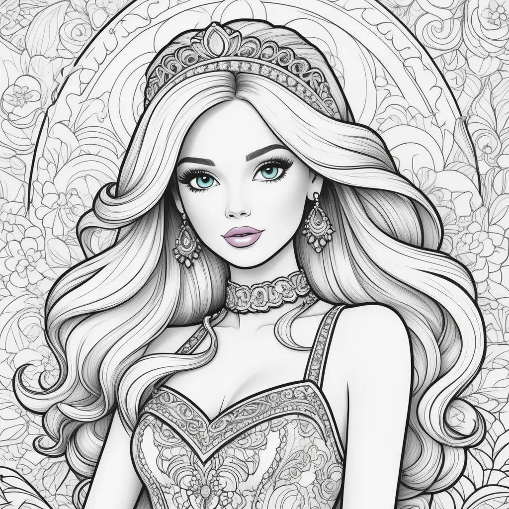 Barbie Coloring Page with a crown and jewelry