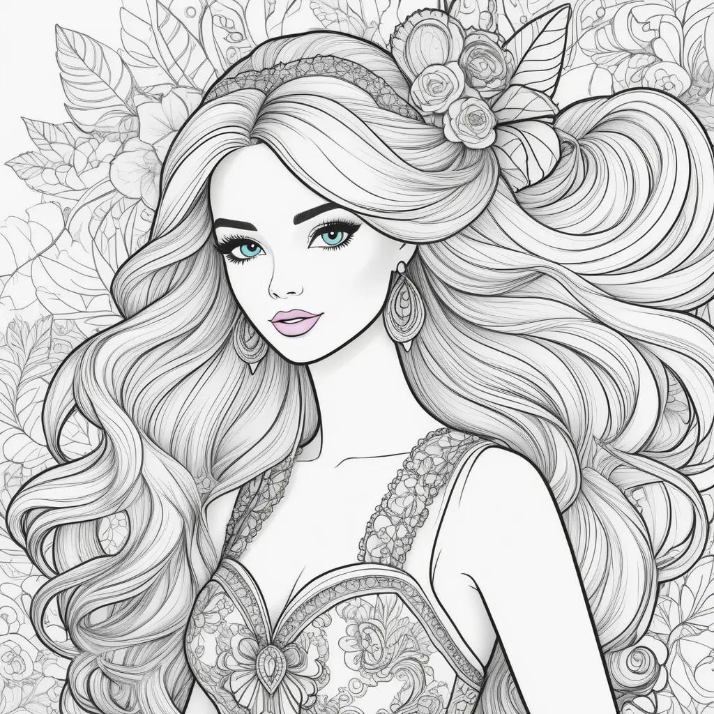 Barbie coloring page featuring a young woman with long hair and a flower in her hair