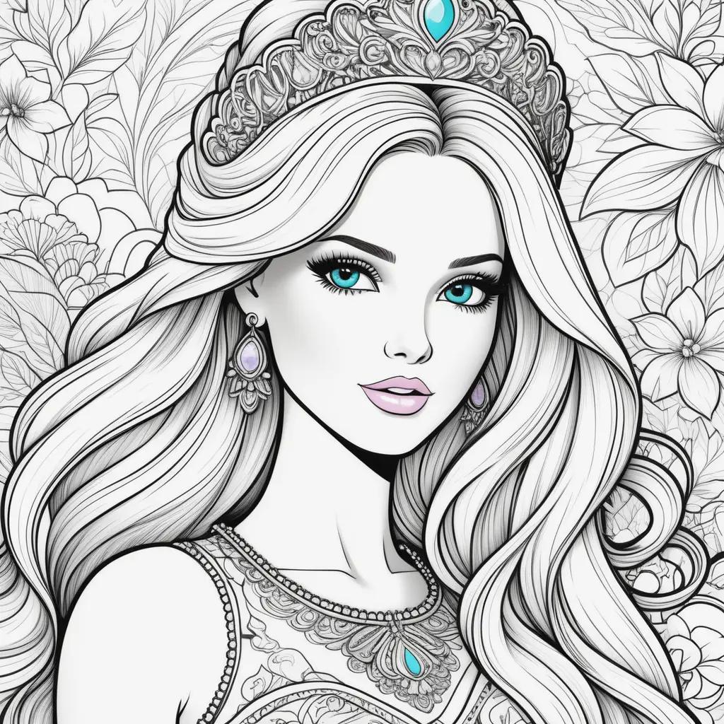 Barbie coloring page with a crown and earrings